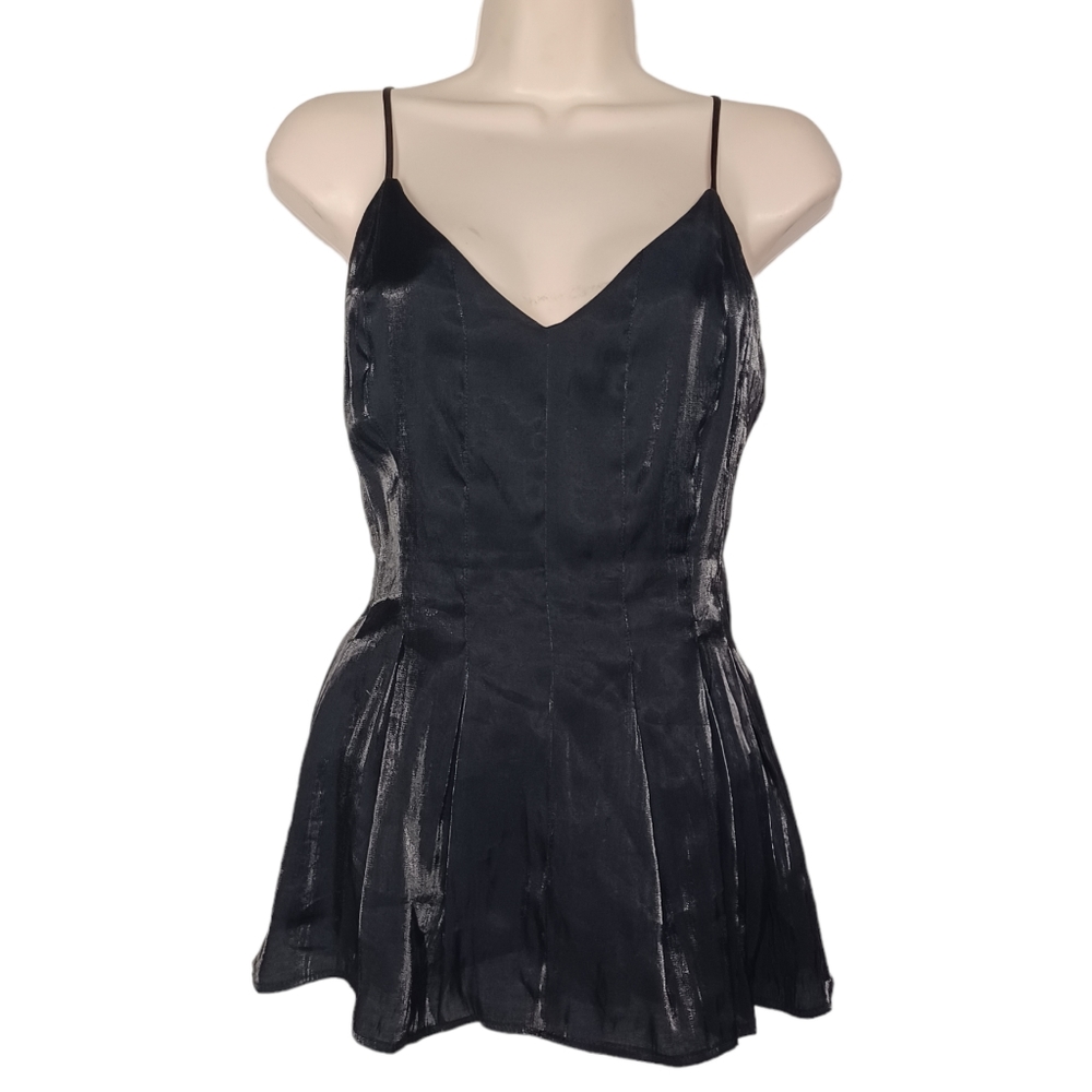 H&M Sheen Black Shimmer Sleeveless Open Pleat V Neck Top 14
